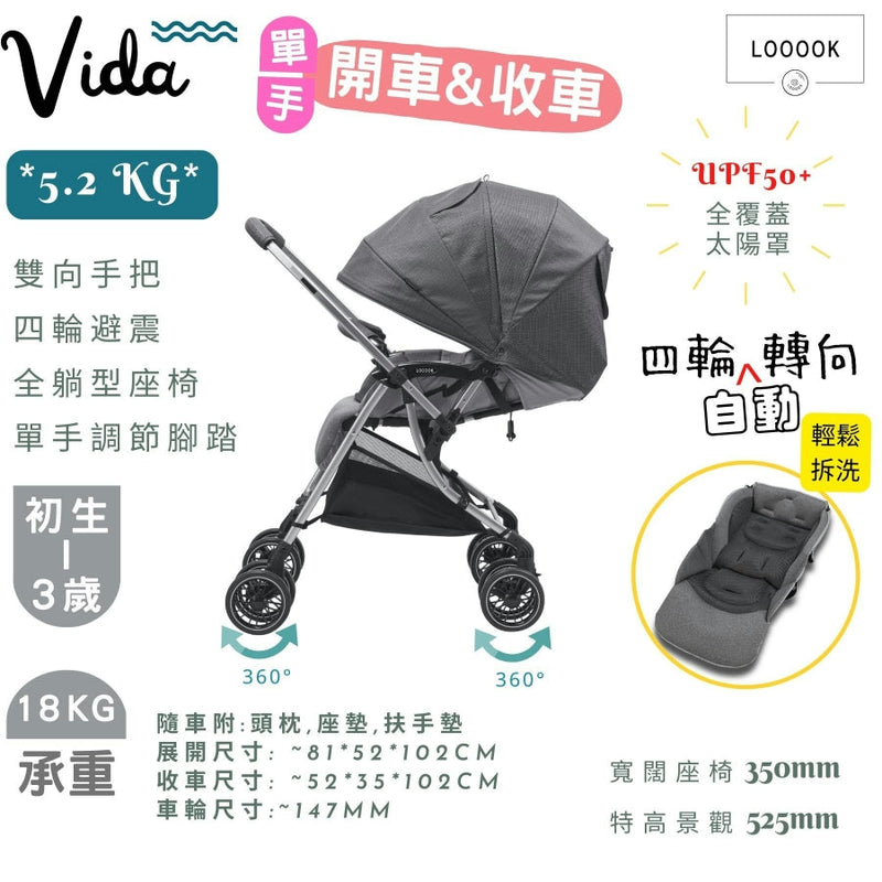 【公價貨品】VIDA 輕量 5.2KG 四輪轉嬰兒車 (灰色)