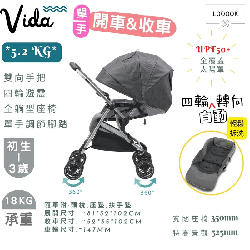 【公價貨品】VIDA 輕量 5.2KG 四輪轉嬰兒車 (灰色)