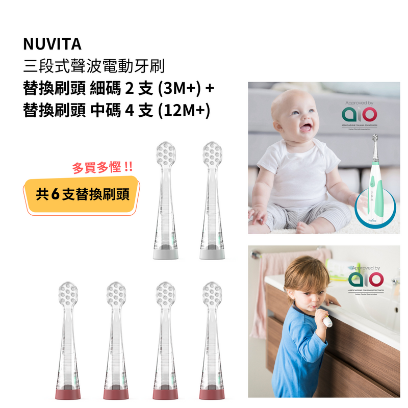 【多買多慳】NUVITA 三段式聲波電動牙刷替換刷頭 (細碼2支+中碼4支)